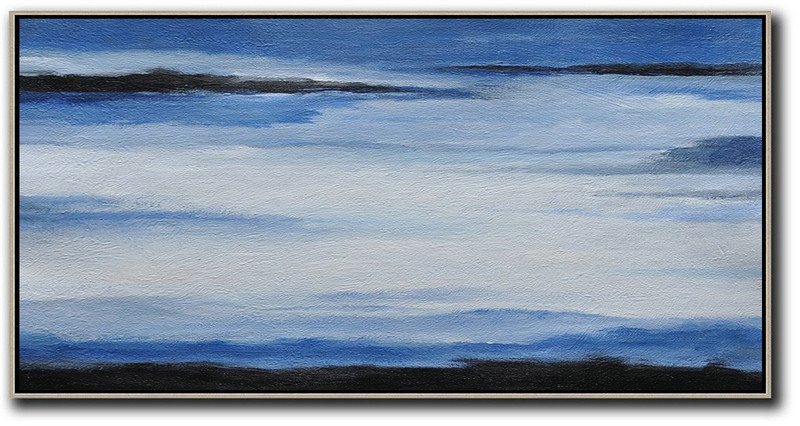 Hand Painted Panoramic Abstract Painting,Large Canvas Art,Modern Art Abstract Painting,Blue,White,Black